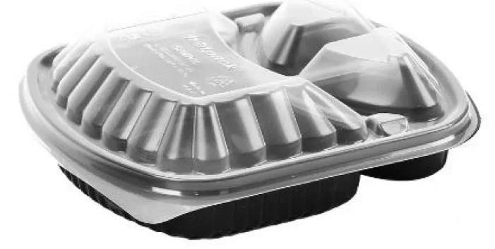 Black plastic microwave food containers with multiple compartments